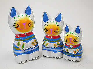 ネコ雑貨・バリ島の木彫りネコ「ネコセットブルー1」