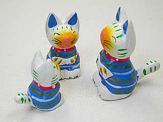 ネコ雑貨・バリ島の木彫りネコ「ネコセットブルー4」